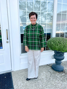 Green Plaid 3/4 Sleeve Mock Neck Top
