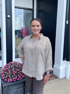 Brown Textured Stripe ¾ Sleeve Top