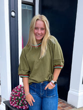 Load image into Gallery viewer, Olive Stripe Detail Short Sleeve Pullover Oversized Top