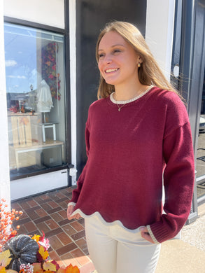 Burgundy Scallop Trim Sweater