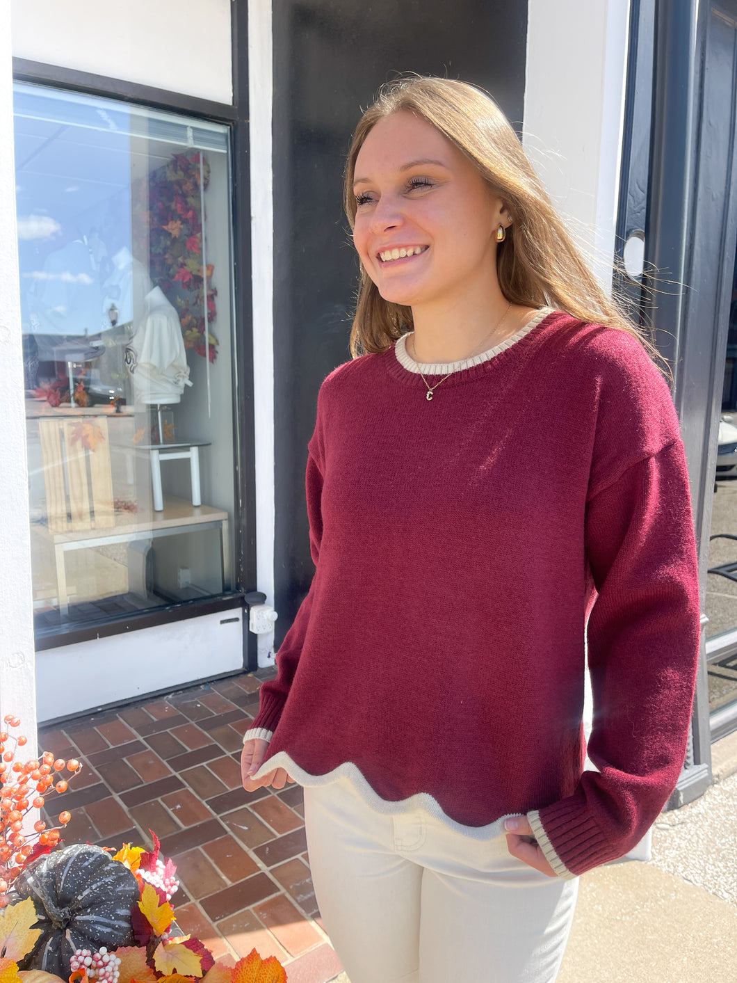 Burgundy Scallop Trim Sweater