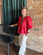 Load image into Gallery viewer, Ruby Red 3/4 Sleeve With Plaid Trim