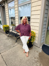 Load image into Gallery viewer, Wine &amp; Pink Polka Dot Ruffle Blouse