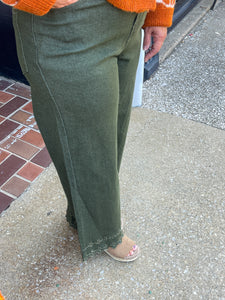 Olive High Waist floral embroidered border hem Pants