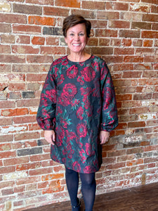 Red Floral Jacquard Long Sleeve Mini Dress With Pockets