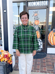 Green Plaid 3/4 Sleeve Mock Neck Top