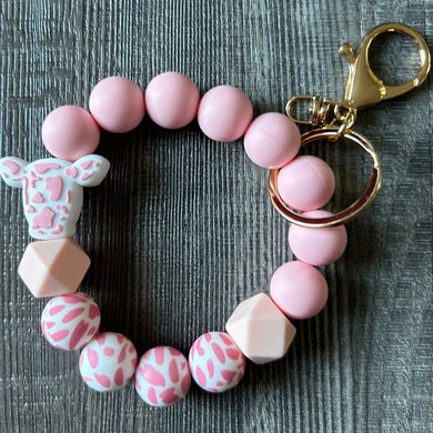 Silicone Bead Keychain Wristlet- Pink Cow Print