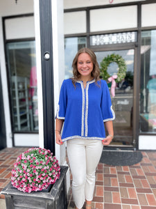 Cobalt Blue 3/4 Sleeve Linen Tunic Top