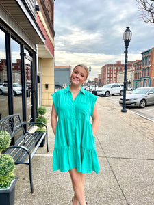 Ladies Collared Button Down A-Line Tiered Short Dress With Pockets- Emerald