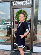 Load image into Gallery viewer, Black And White 3/4 Sleeve Linen Dress with Embroidered Details And Pockets