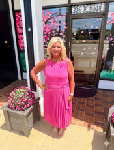 Load image into Gallery viewer, Fuchsia Self Sash Pleated Midi Dress