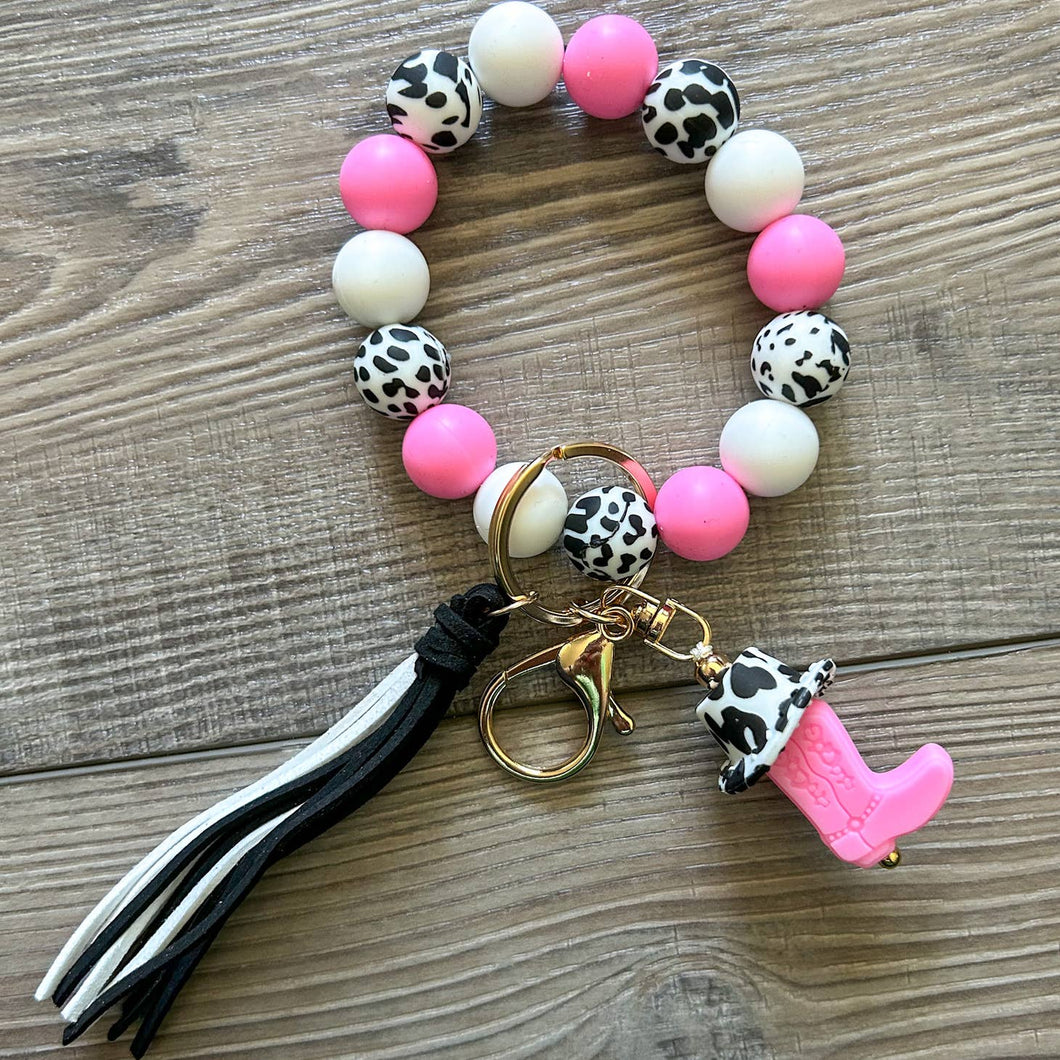 Silicone Bead Keychain Wristlet- Cow Print Hat And Boot Pink