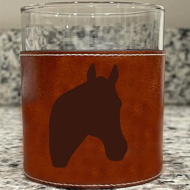 Derby Horse Head Horse Racing Faux Leather Rocks Glass