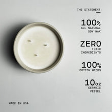 Load image into Gallery viewer, Candle with sustainability claims on a gray background