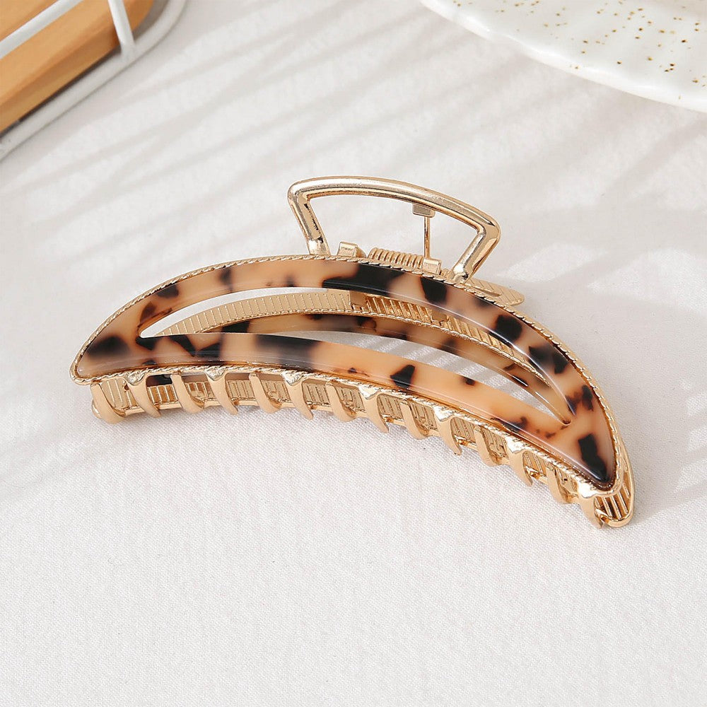 Gold Tone Half Moon Metal Claw Hair Clip With Colored Tortoise Inlay Details