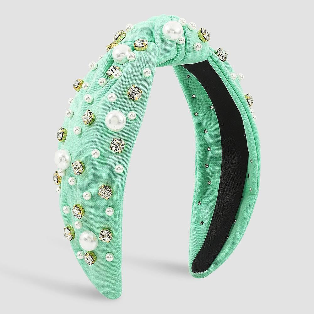 Solid Knotted Headband With Rhinestone and Pearl Details