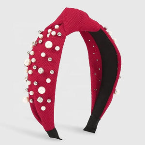 Knotted Headband Featuring Pearls and Rhinestones-Red