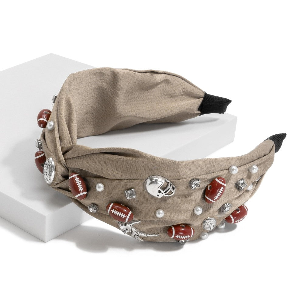 Satin  Headband Featuring Football Details With Pearl and Rhinestone Embellishments