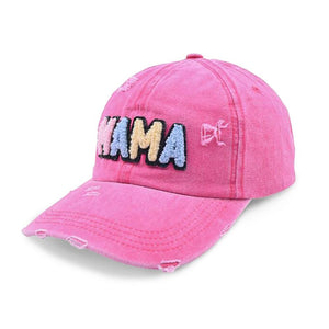 Distressed Pink 'MAMA' Chenille Patch Baseball Cap
