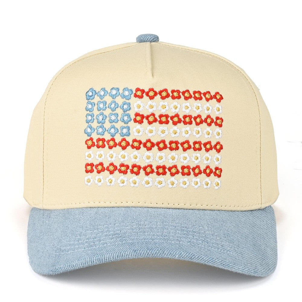 Floral American Flag Baseball Cap - Beige & Light Blue USA Flower Flag Baseball Cap – TheAllyCatWalk main image 4