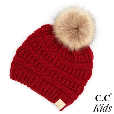 C.C Kids Ribbed Knit Faux Fur Pom Beanie