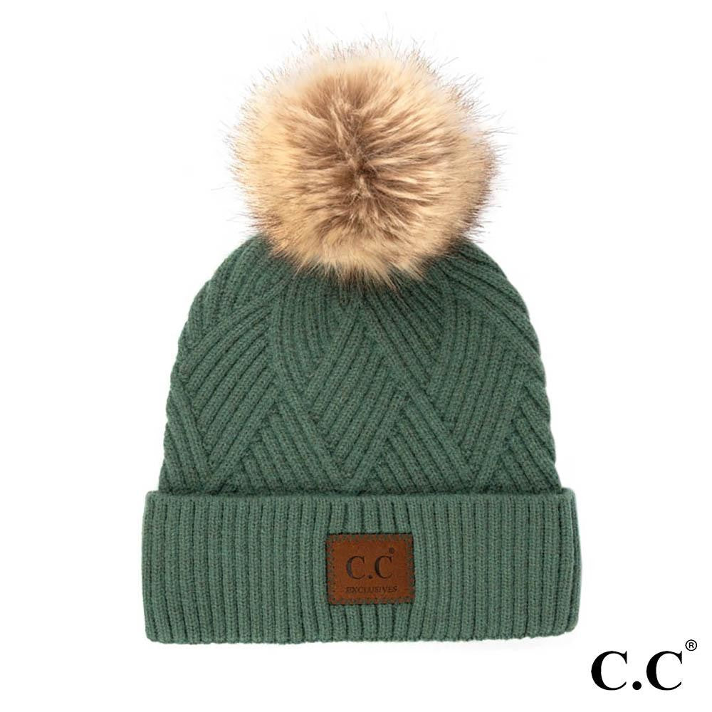 C.C Beanie Diagonal Stripe Knit Pattern Pom Beanie