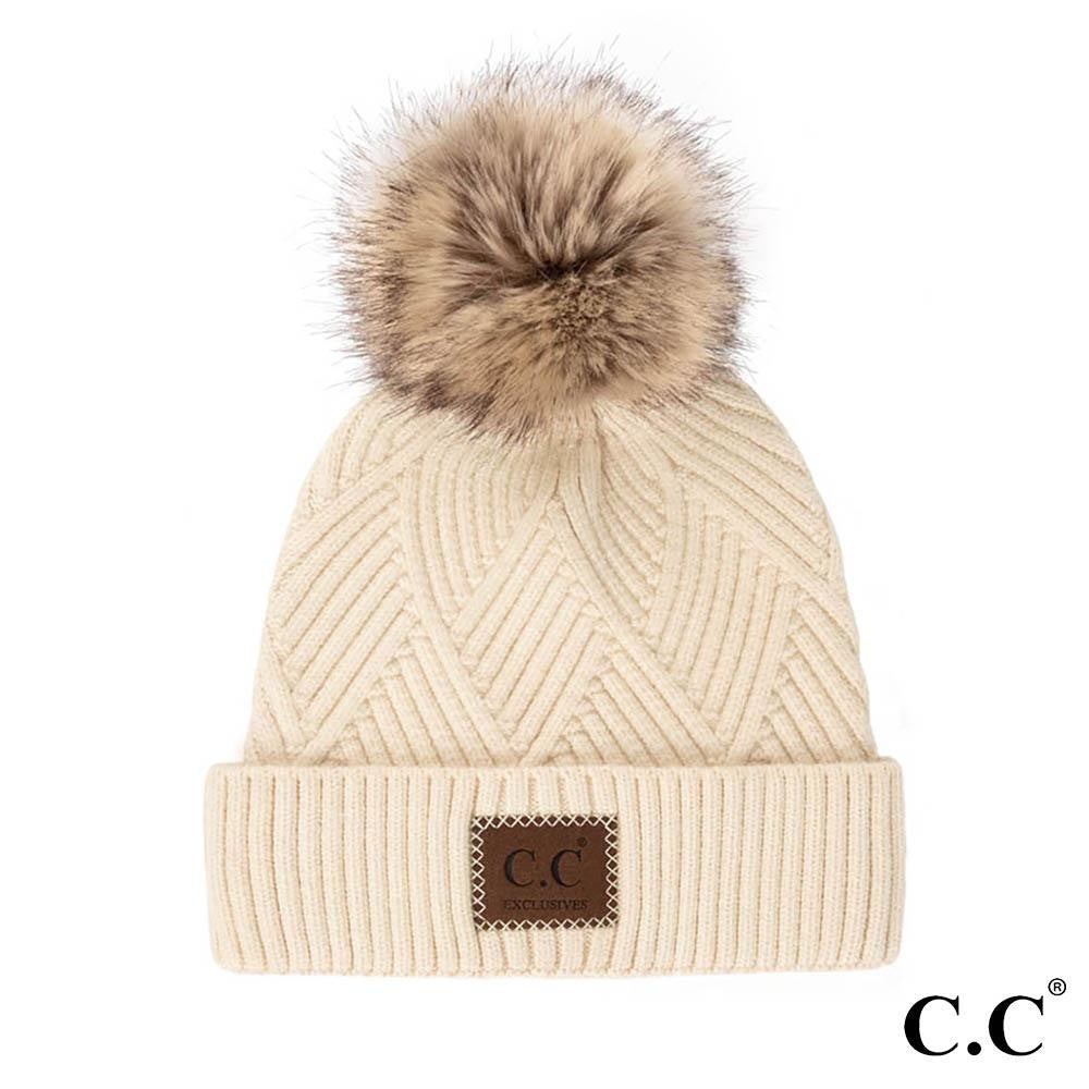C.C Beanie Diagonal Stripe Knit Pattern Pom Beanie