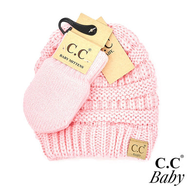 C.C Solid Ribbed Baby Beanie Hat and Mitten Glove Set