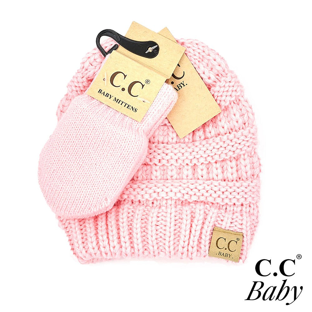 C.C Solid Ribbed Baby Beanie Hat and Mitten Glove Set
