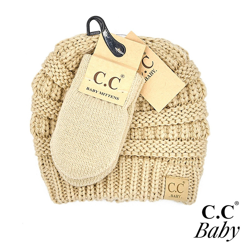 C.C Solid Ribbed Baby Beanie Hat and Mitten Glove Set