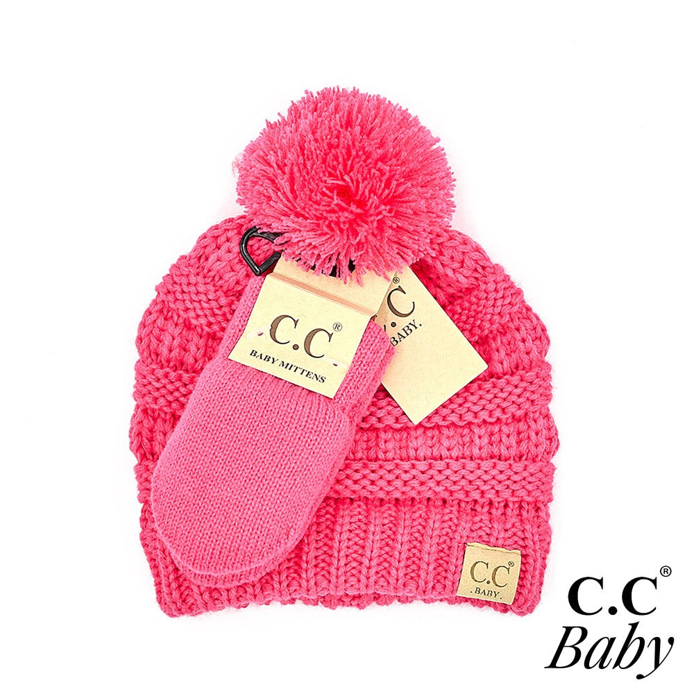 C.C Solid Ribbed Baby Beanie Hat and Mitten Glove Set- New Candy Pink