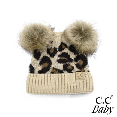 C.C Baby Leopard Print Faux Fur Double Pom Beanie.