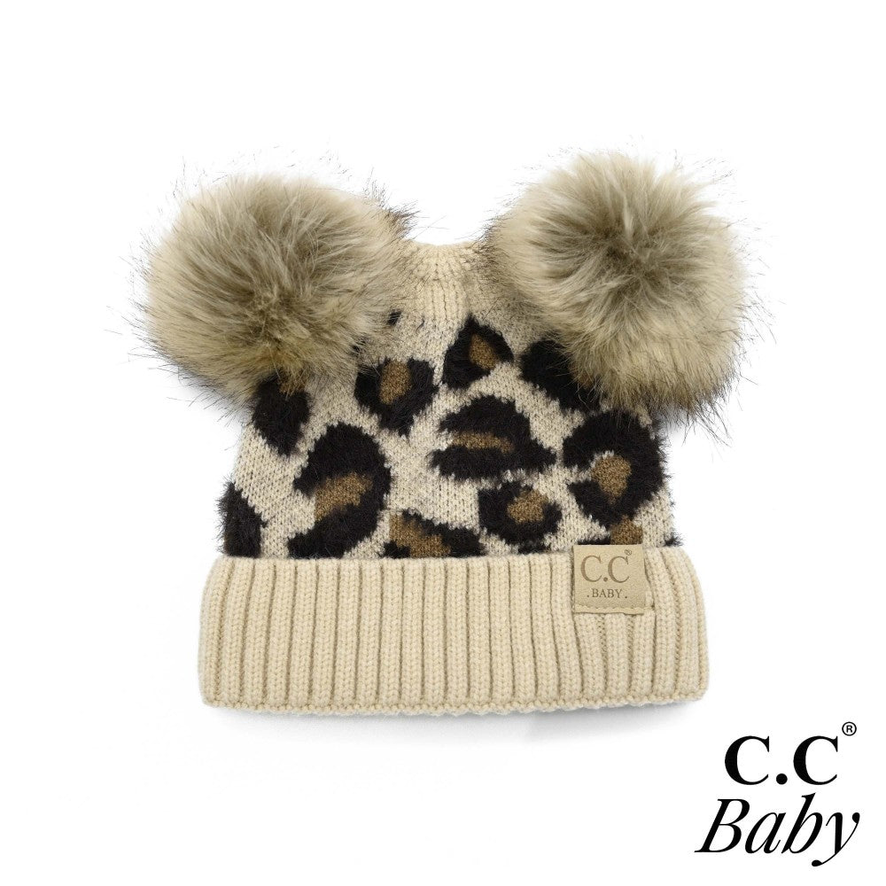C.C Baby Leopard Print Faux Fur Double Pom Beanie.