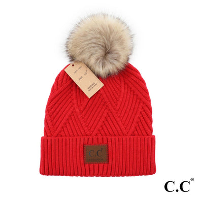 C.C Beanie Diagonal Stripe Knit Pattern Pom Beanie