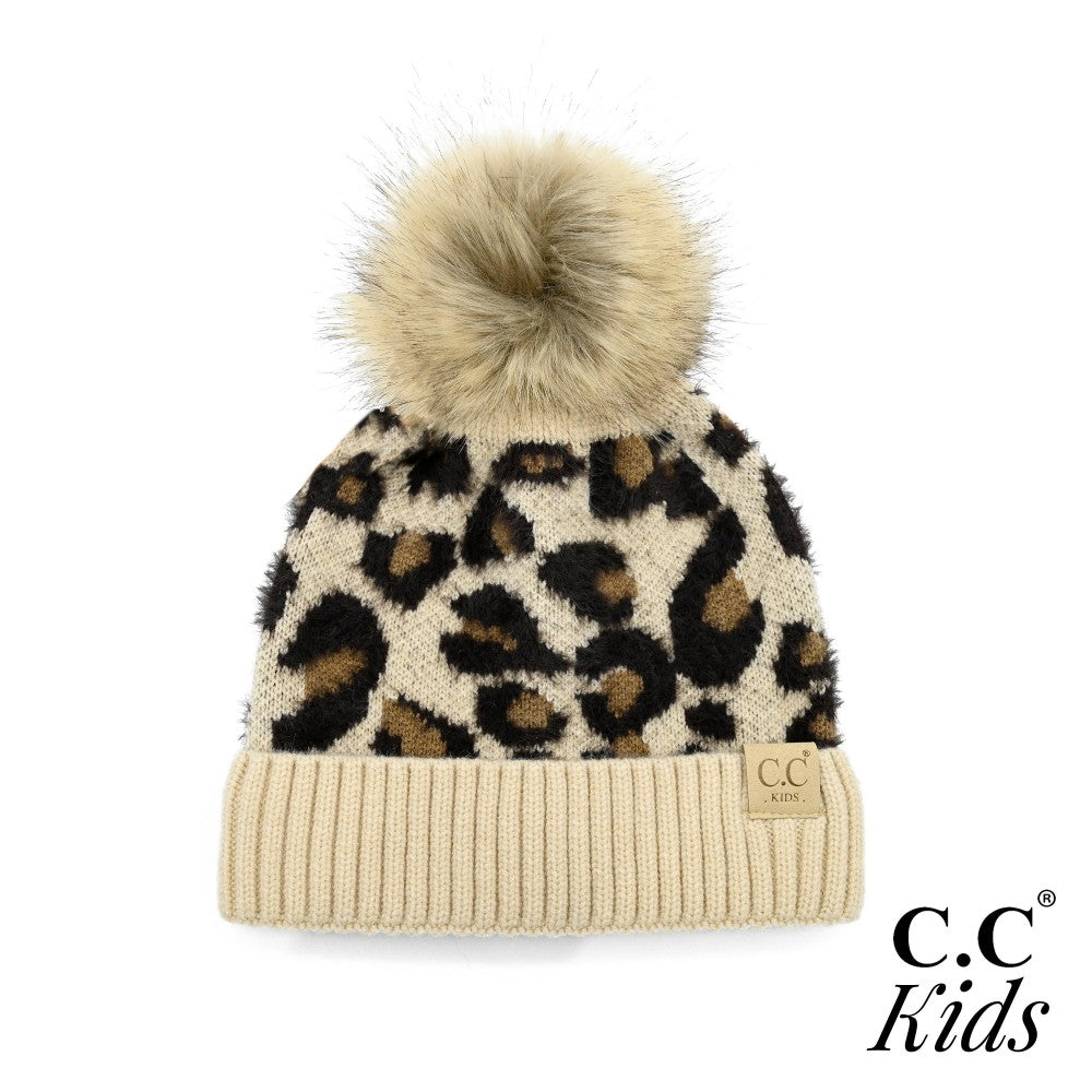 C.C Kids Leopard Print Faux Fur Pom Beanie