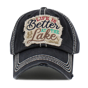 Vintage Distressed Baseball Cap Featuring 'Life Is Better At The Lake' Embroidered Detail