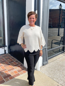 3/4 Sleeve Cream Scallop Detail Sweater
