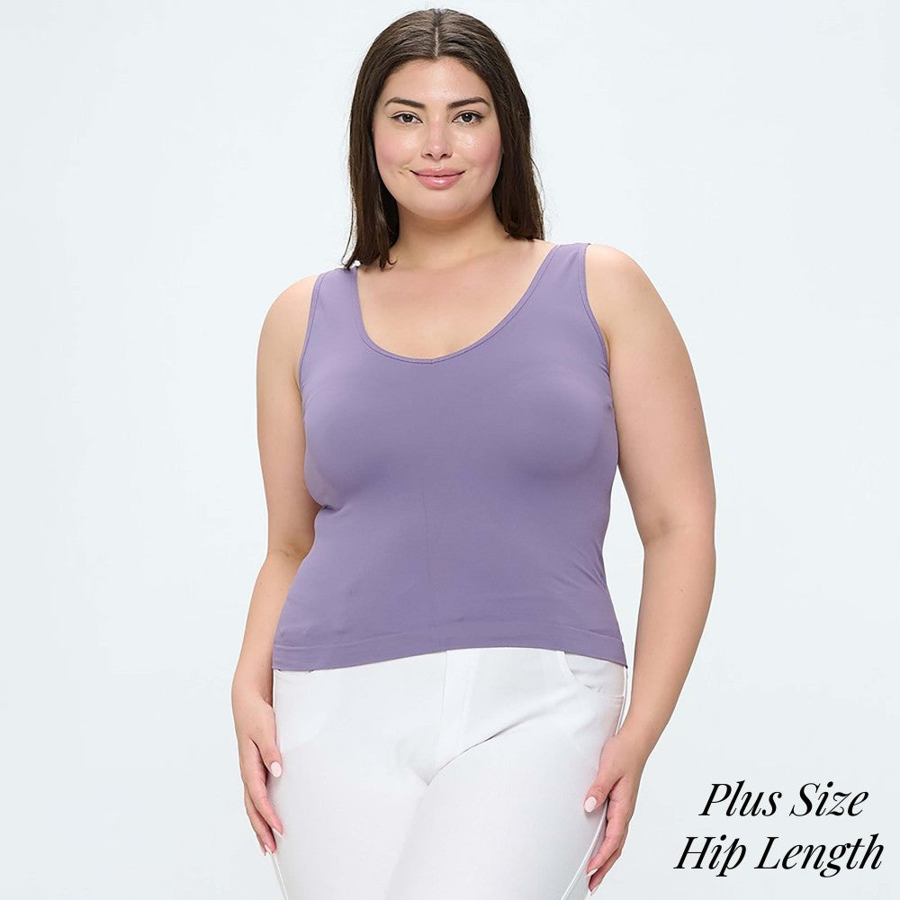 Lady's Seamless Tank With Reversible Neckline- Dusty Purple Hip Length
