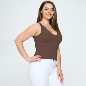 Lady's Seamless Tank With Reversible Neckline- Coffee Hip Length
