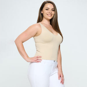 Lady's Seamless Tank With Reversible Neckline- Ivory Hip Length