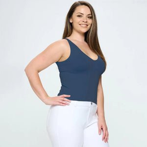 Lady's Seamless Tank With Reversible Neckline- Navy Hip Length