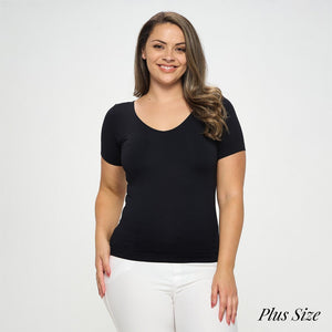 Women's Seamless Reversible V-Neck Short Sleeve Top- Black