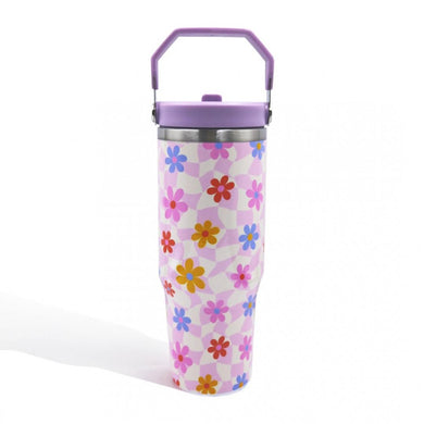 Checkered Flower Print 30oz Tumbler With Carry Handle