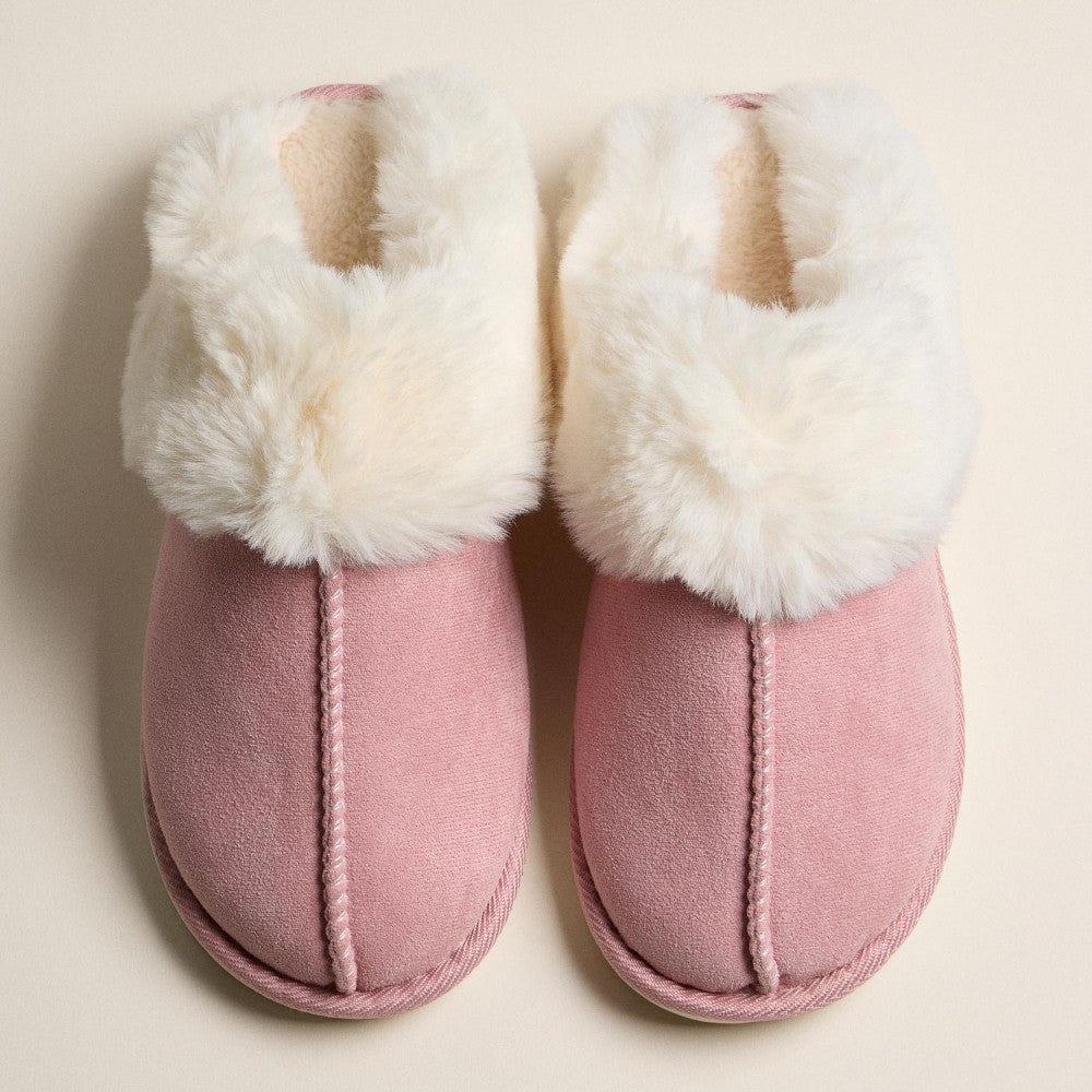 Platform Sherpa Slippers with Suede Finish And Faux Fur Collar