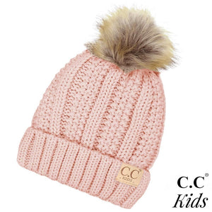 C.C Kids Fur Lined Chunky Knit Faux Fur Pom Beanie- Pink