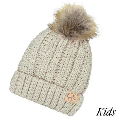 C.C Kids Fur Lined Chunky Knit Faux Fur Pom Beanie- Beige