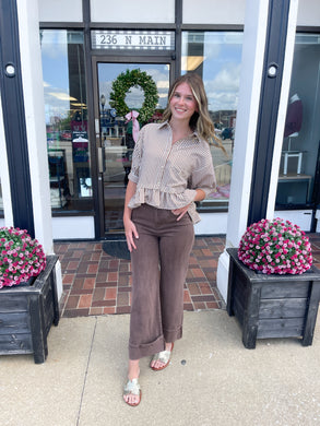 Brown Stripe ¾ Sleeve Ruffle Hem Top