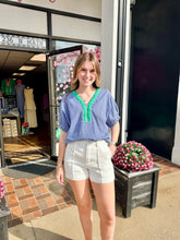 Load image into Gallery viewer, blue gingham top women
green trim gingham blouse
summer gingham top boutique
blue check top women
lightweight gingham shirt