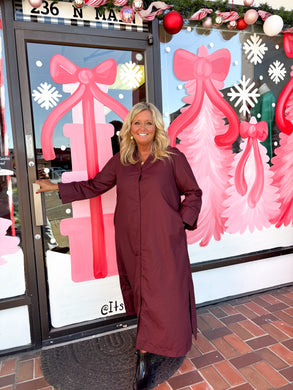 Merlot Long Sleeve Button Closure Midi Dress With Pockets