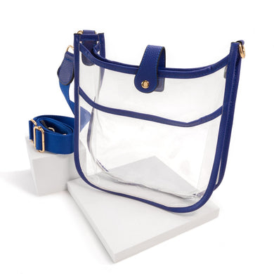 Clear Handbag With Matching Strap and Royal Blue Leather Hemlines